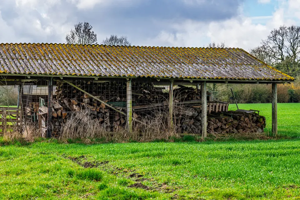 Abri à bois couvert de plaques ondulées grises tachées de lichen, au milieu d'un pré